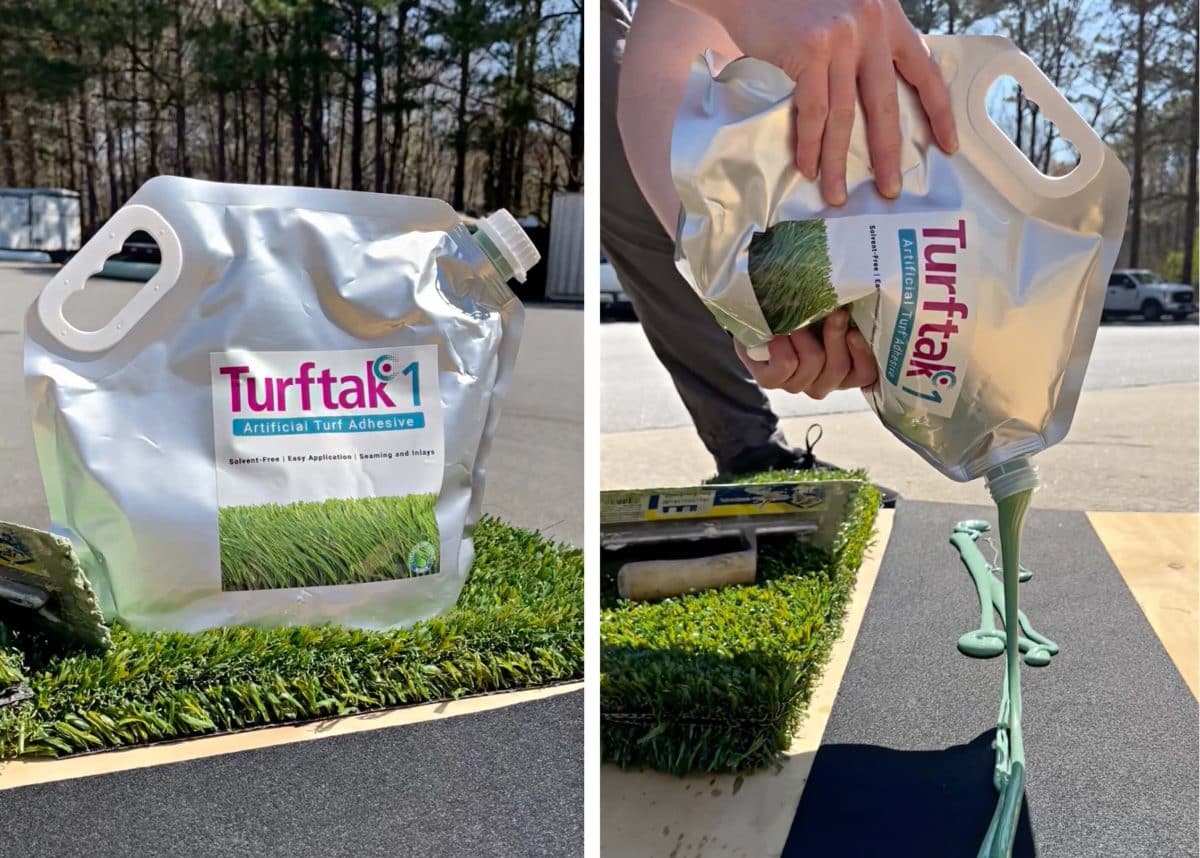 artificial turf adhesive pouring from a bag